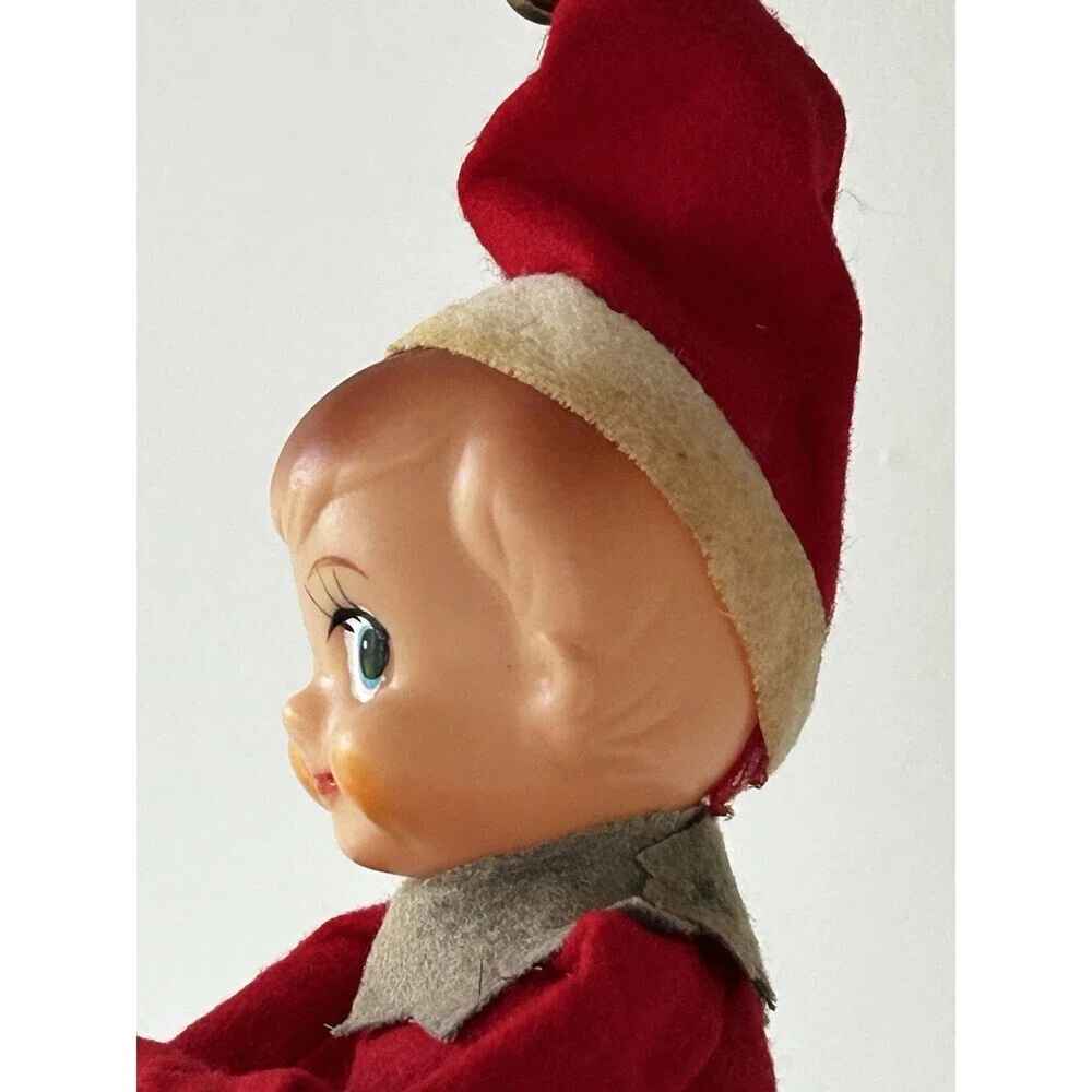 Vintage Pixie Elf Knee Hugger Felt Red Jingle Bell Shelf Sitter Retro Holidays